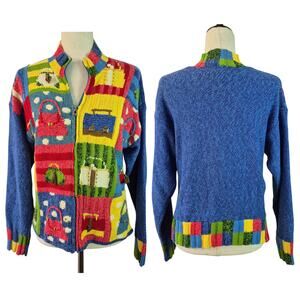 Susan Bristol Blue Red Handknit Patchwork Zip Up Vintage Cardigan Sweater M